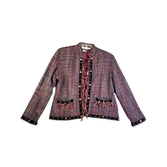 YAK MAGIK Women's Multicolor Silk Jacket Sz Large Fringe Trim Buttons Tweed Open - Picture 1 of 8